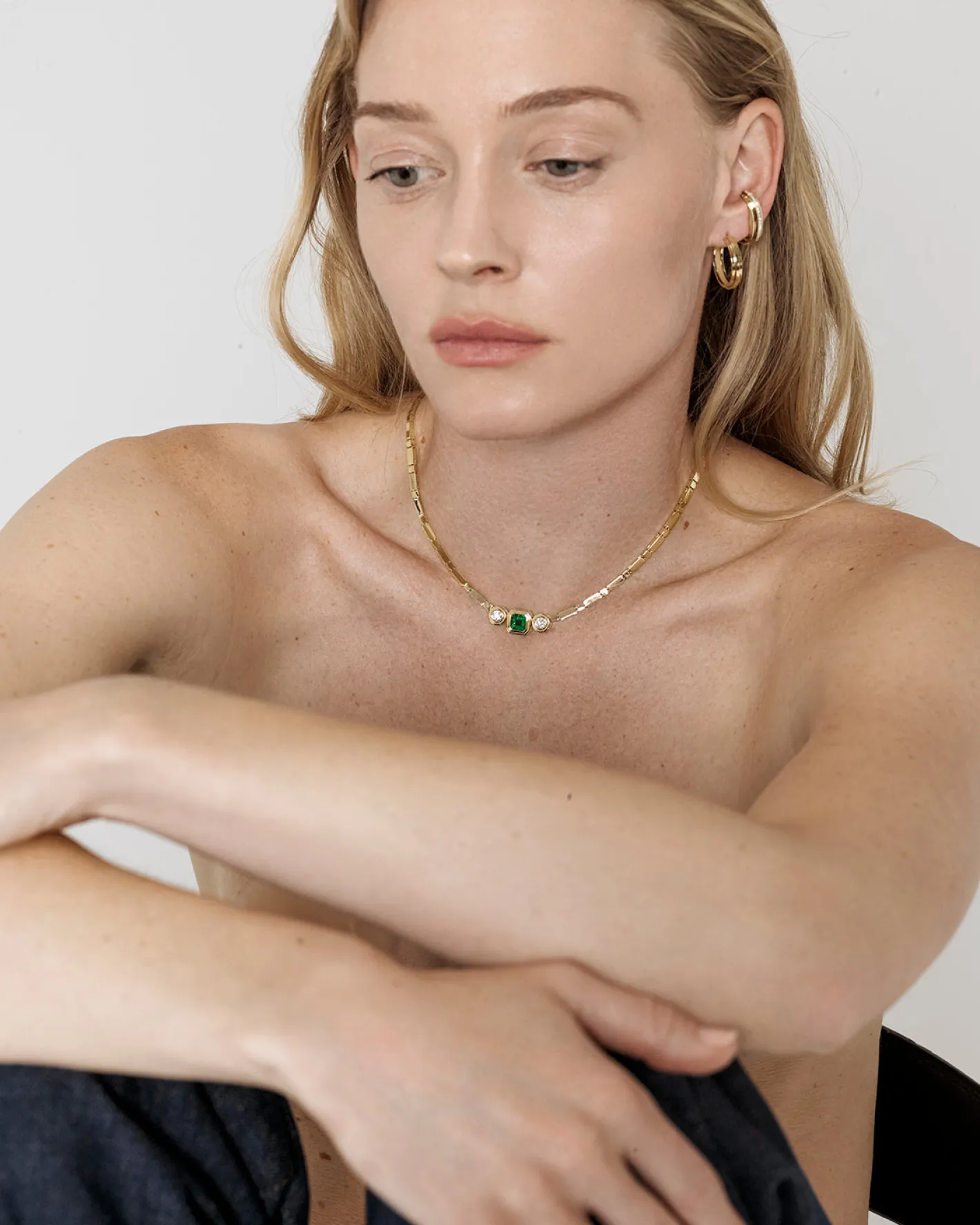 Gold Bar Emerald & Diamond Necklace<AZLEE Jewelry Discount