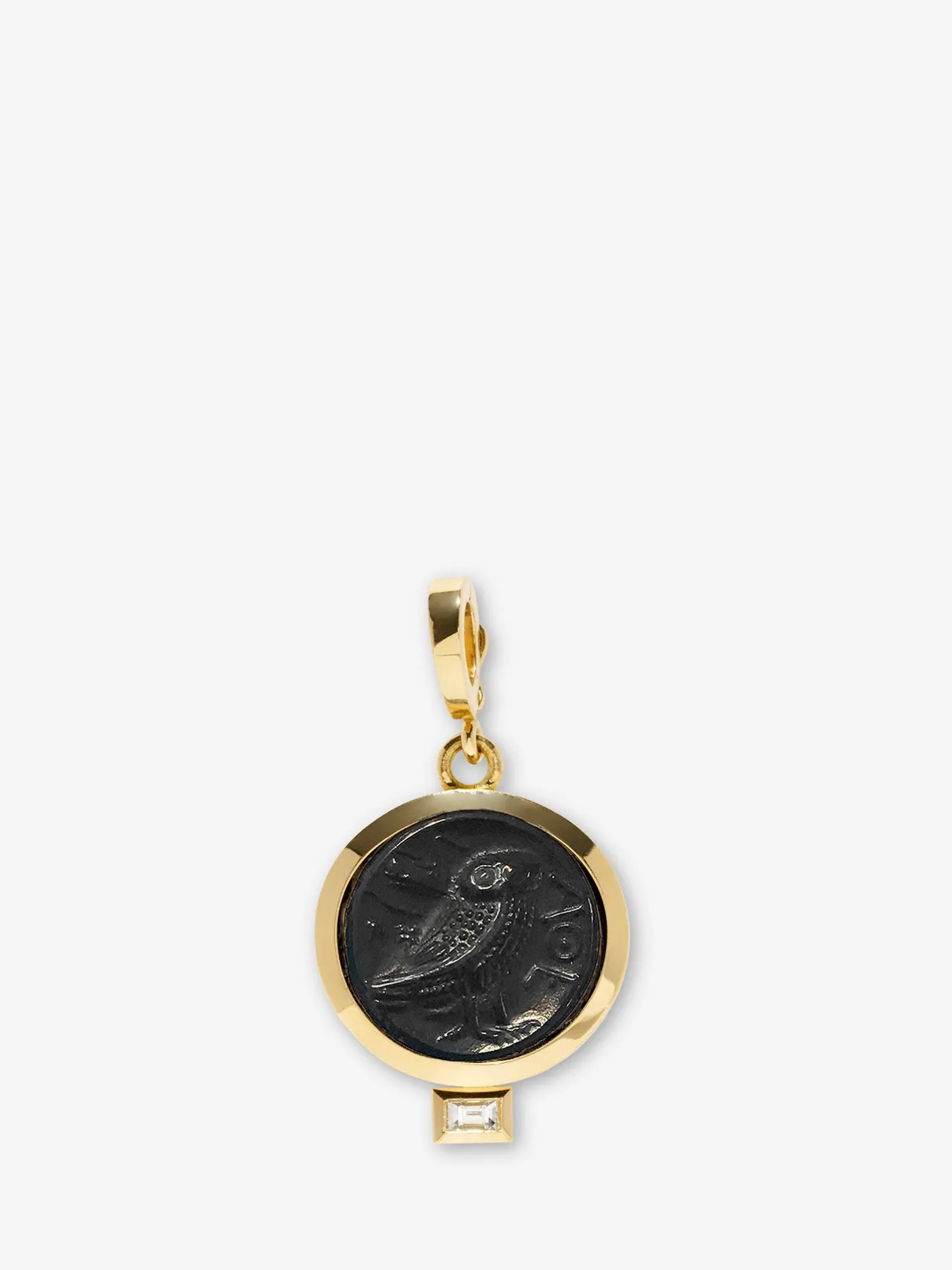 Owl of Athena Venetian Black Glass Coin Charm with Baguette Diamond<AZLEE Jewelry Best