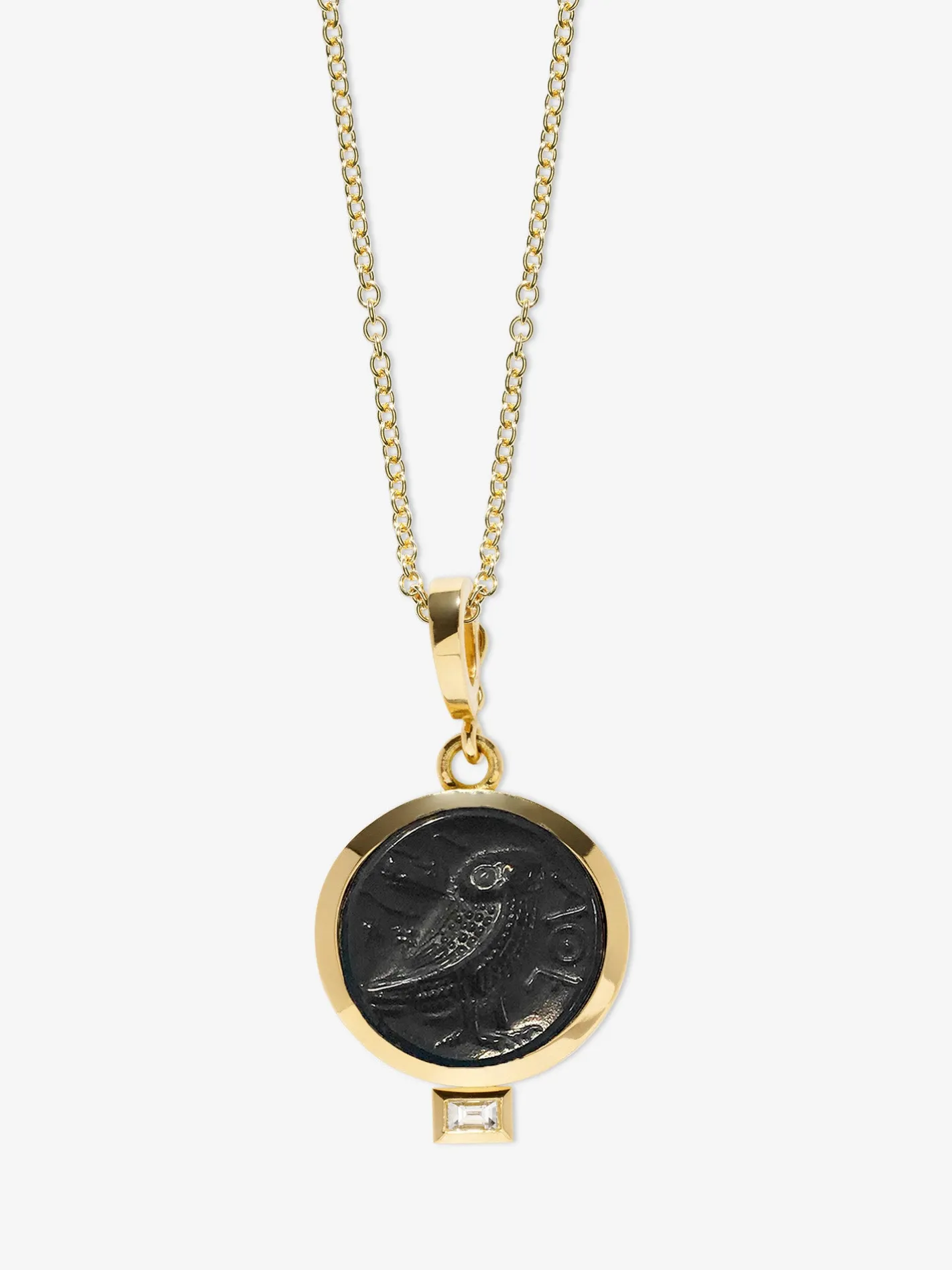 Owl of Athena Venetian Black Glass Coin Charm with Baguette Diamond<AZLEE Jewelry Best