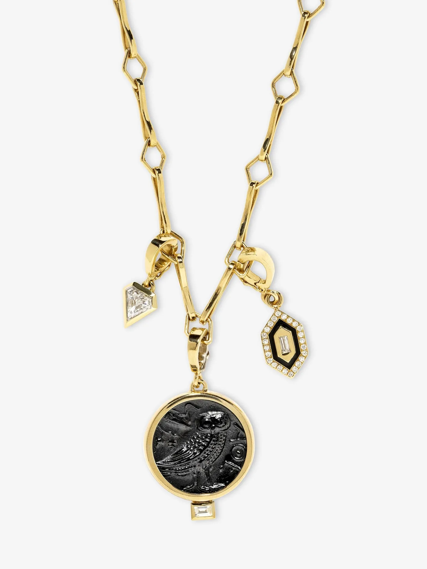 Owl of Athena Venetian Black Glass Coin Charm with Baguette Diamond<AZLEE Jewelry Best