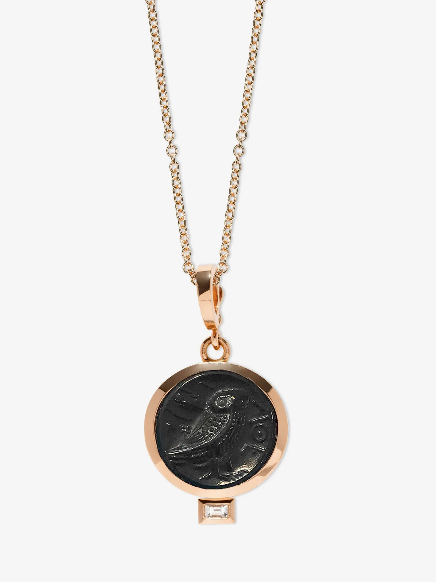 Owl of Athena Venetian Black Glass Coin Charm with Baguette Diamond<AZLEE Jewelry Best
